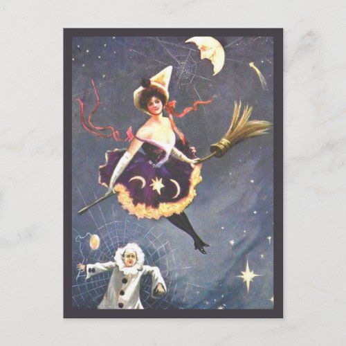 Witch with Clown and Spider Webs Vintage Halloween Postcard