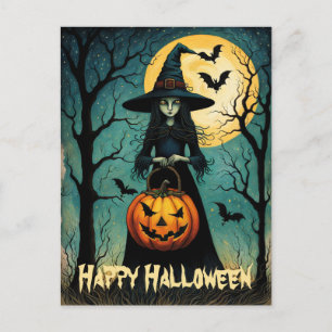 Witch With Creepy Pumpkin Lantern Halloween Postcard