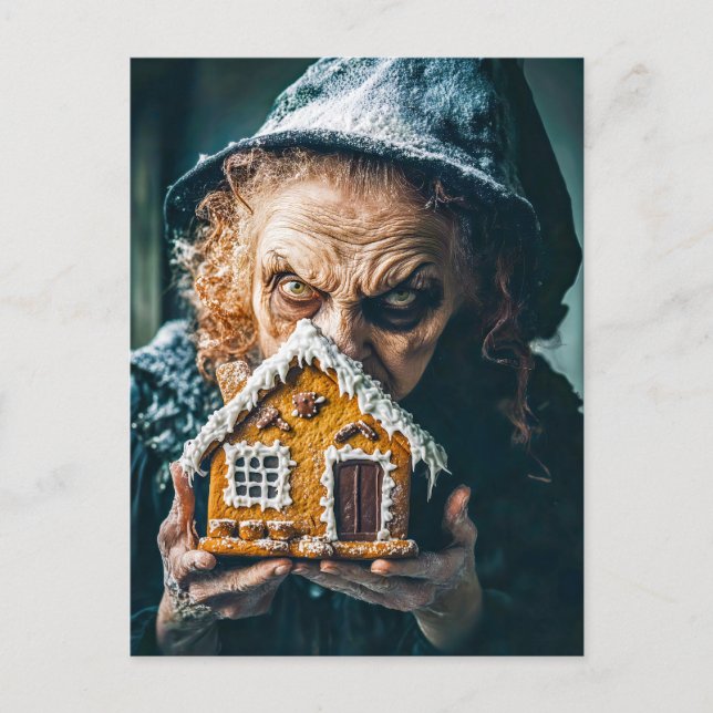 Witch with Gingerbread House in Fairy Tale Forest Postcard (Front)