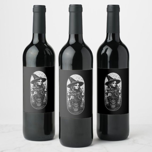 Witch with lantern Halloween Wine Label (Bottles)