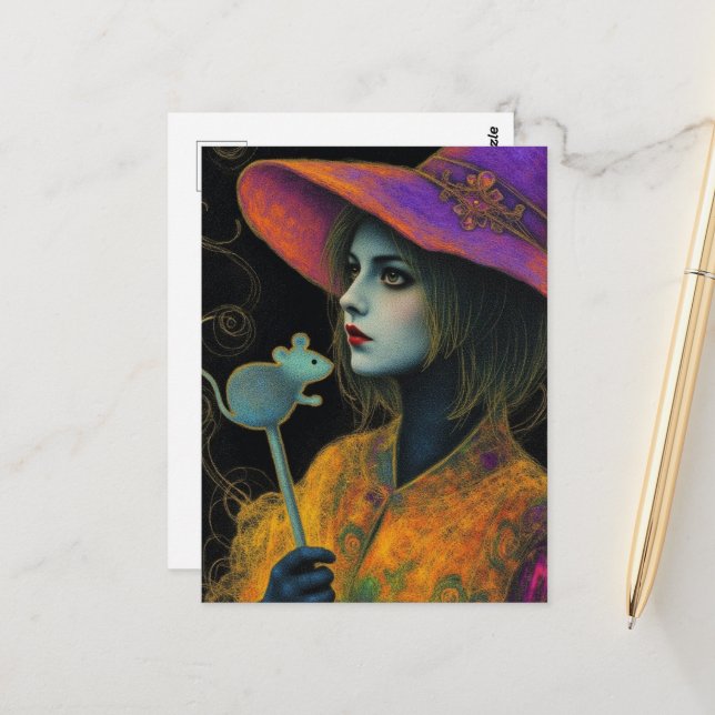 Witch With Mouse Wand Postcard (Front/Back In Situ)