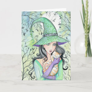 Witch with Orange Tabby Cat Card