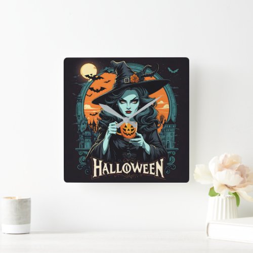 Witch with pumpkin mug on Halloween Square Wall Clock