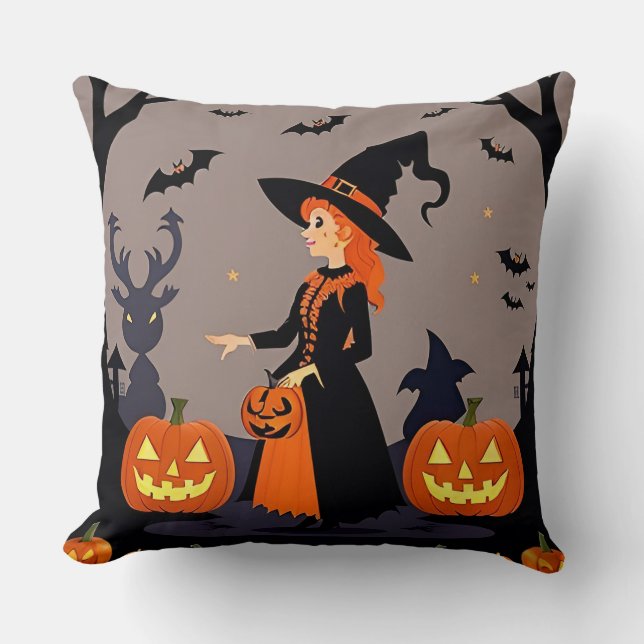 Witch With Pumpkins, Bats, and Spooky Decor Throw Pillow (Front)