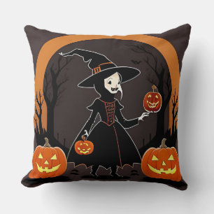 Witch With Pumpkins, Bats, and Spooky Decor Throw Pillow