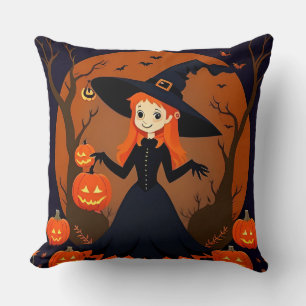 Witch With Pumpkins, Bats, and Spooky Decor Throw Pillow