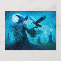 Witch with raven in moonlit graveyard