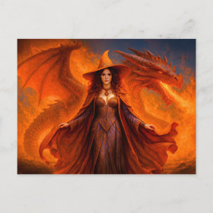 Witch with red dragon and blazing fire holiday postcard