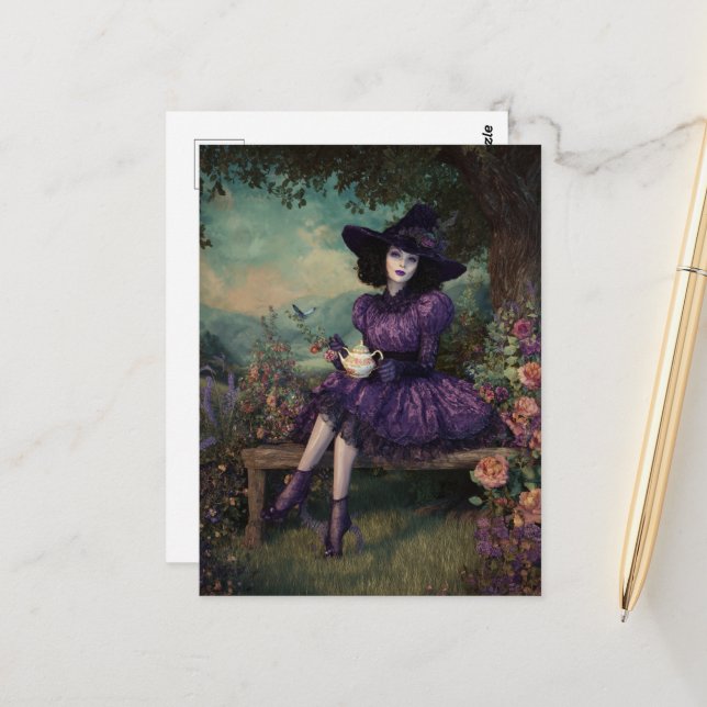 Witch With Tea on a Bench Under a Tree Postcard (Front/Back In Situ)