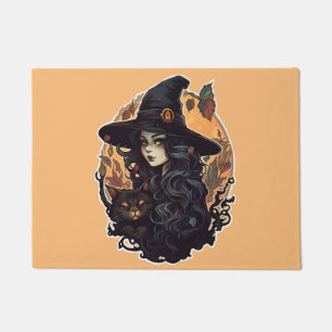 Witch with the black cat halloween doormat