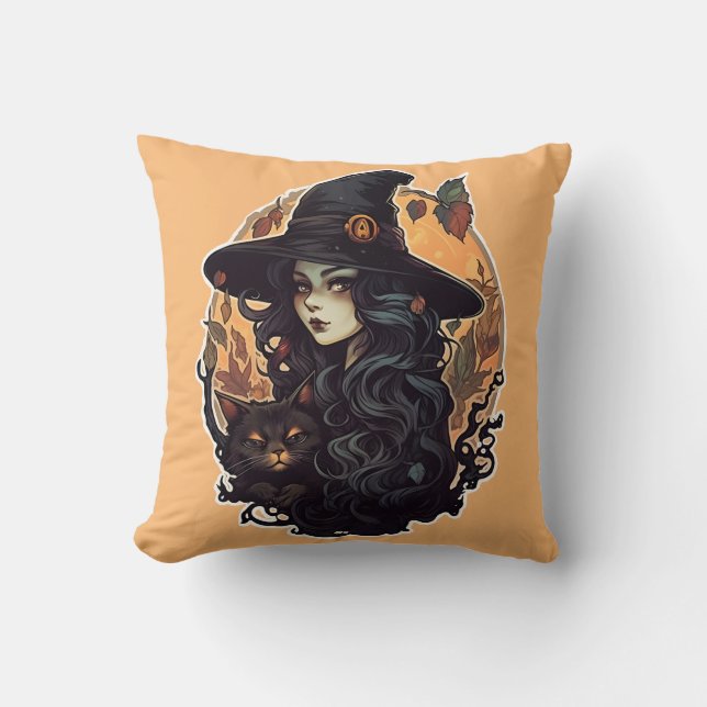 Witch with the black cat halloween throw pillow (Front)