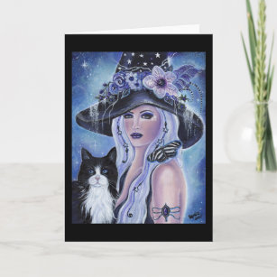 Witch with tuxedo cat art by Renee L. Lavoie Card