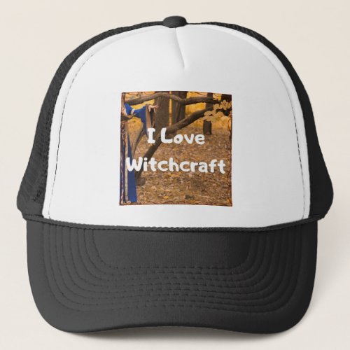 Witchcraft Love White Text on Autumn Leaves Trucker Hat