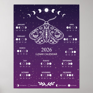 Witchcraft Moth Celestial Lunar Moon Calendar Poster