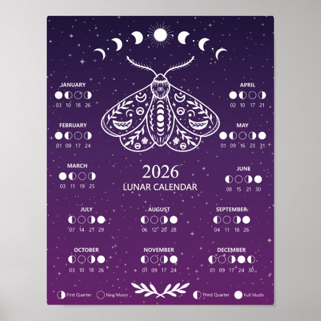 Witchcraft Moth Celestial Lunar Moon Calendar Poster (Front)