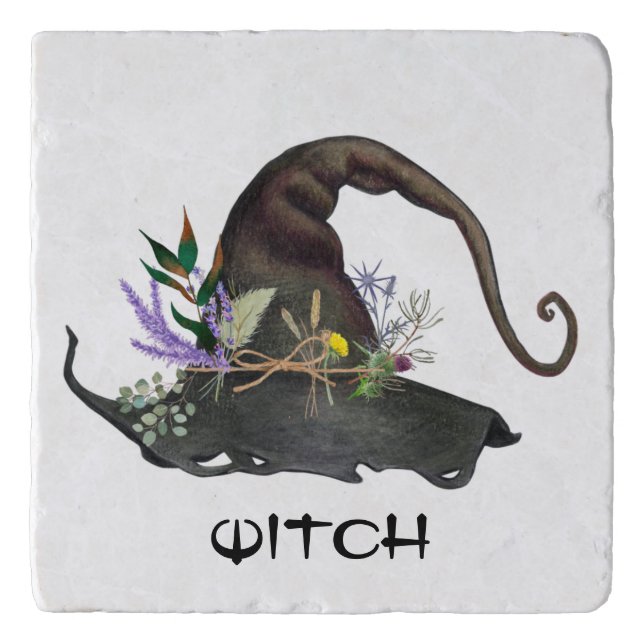 Witchcraft Witches Herbal Hat White Stone Trivet (Front)