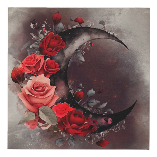 Witchery | Crescent Moon with Gothic Red Roses Faux Canvas Print (Front)