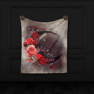 Witchery Crescent Moon with Gothic Red Roses Fleece Blanket