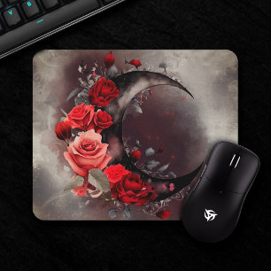 Witchery Crescent Moon with Gothic Red Roses Mouse Pad