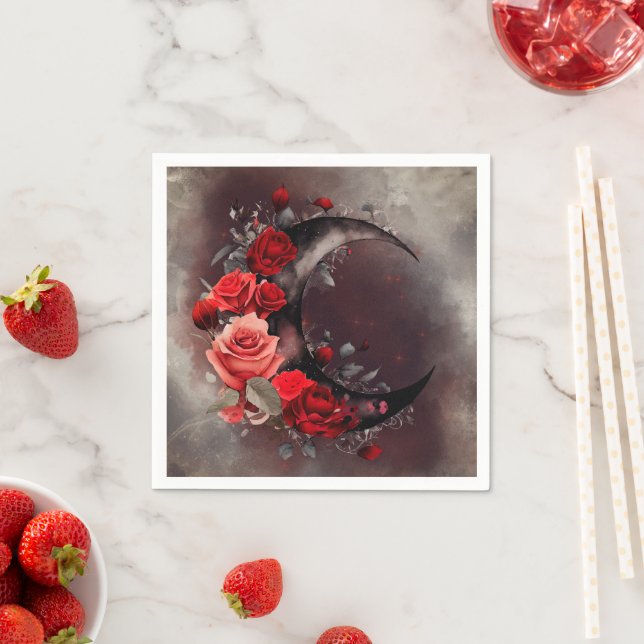 Witchery | Crescent Moon with Gothic Red Roses Napkins (Insitu)