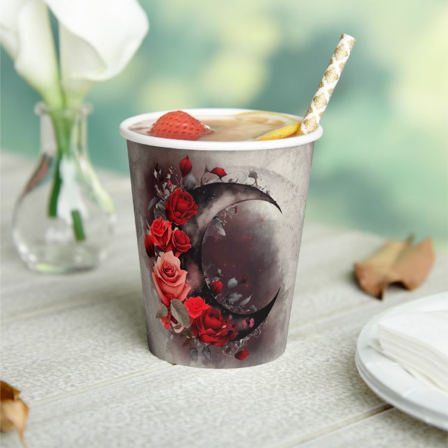 Witchery | Crescent Moon with Gothic Red Roses Paper Cups (Insitu)