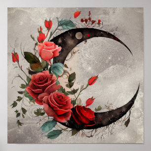Witchery Crescent Moon with Gothic Red Roses Poster