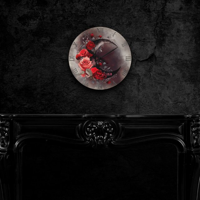 Witchery | Crescent Moon with Gothic Red Roses Round Clock (Creator Uploaded)