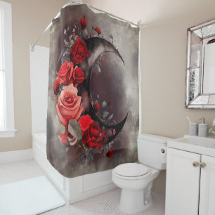 Witchery Crescent Moon with Gothic Red Roses Shower Curtain