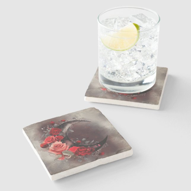 Witchery | Crescent Moon with Gothic Red Roses Stone Coaster (Side)