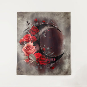 Witchery Crescent Moon with Gothic Red Roses Tapestry