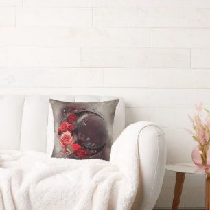 Witchery Crescent Moon with Gothic Red Roses Throw Pillow