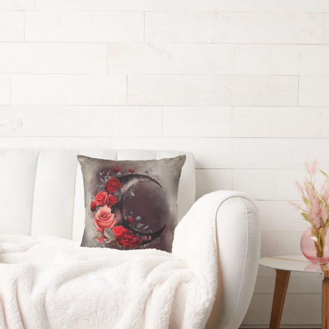 Witchery | Crescent Moon with Gothic Red Roses Throw Pillow (Couch)