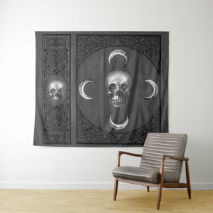 Witchery Flourish Dark Gray Skull and Moon Tapestry