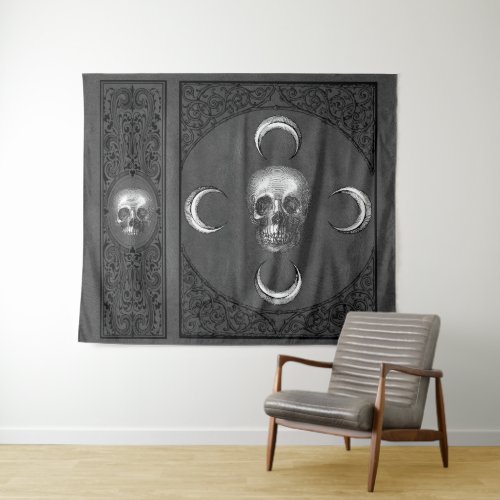 Witchery Flourish  Dark Gray Skull and Moon Tapestry