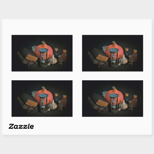 Witchery objects on a table in a dark room rectangular sticker (Sheet)