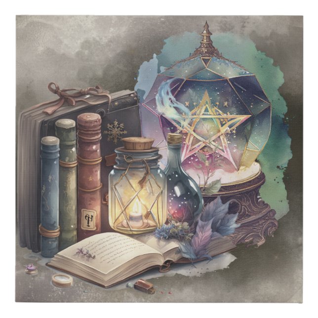 Witchery | Pastel Spellbook Tomes and Crystal Ball Faux Canvas Print (Front)
