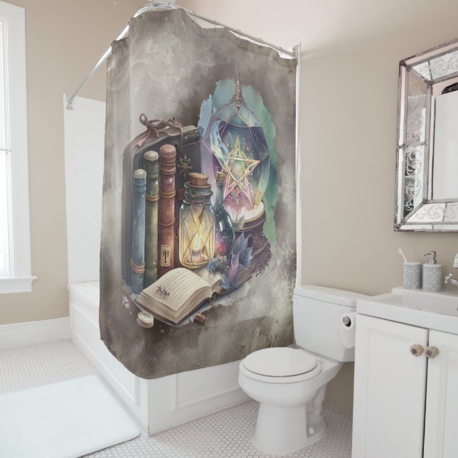Witchery | Pastel Spellbook Tomes and Crystal Ball Shower Curtain (In Situ)