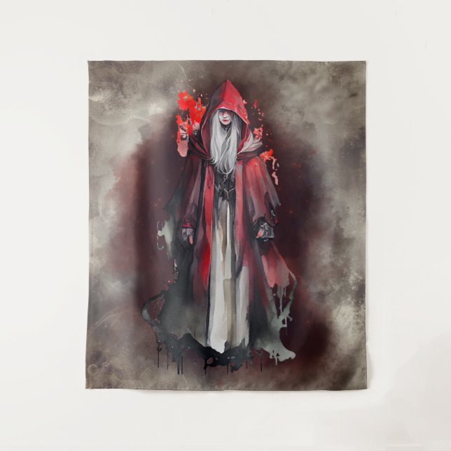 Witchery | Red Witch with Dark Evil Gothic Shadows Tapestry (Front)