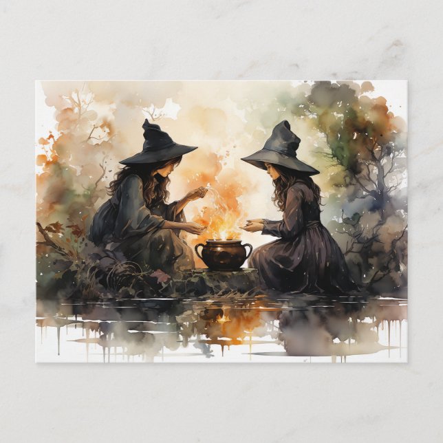 Witches and Cauldron Fall Halloween Decoupage Postcard (Front)