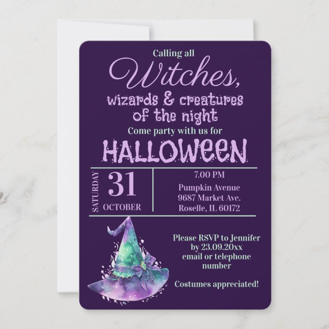Witches and Wizards Purple Halloween Party  Invitation (Front)