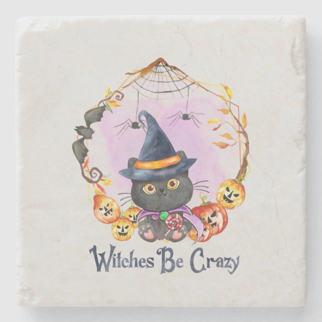 Witches Be Crazy – Witch Black Cat Stone Coaster (Front)