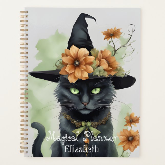 Witches Black Cat Brown Flower Magical Planner (Front)