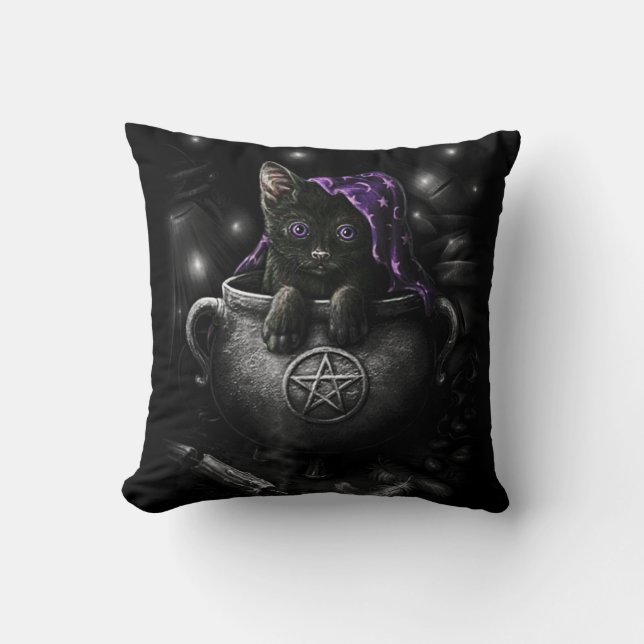 Witches Black Kitten Throw Pillow (Front)