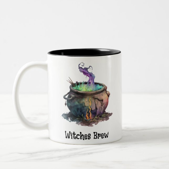 Witches Brew Cauldron Creepy Spooky Fun Halloween Two-Tone Coffee Mug (Left)