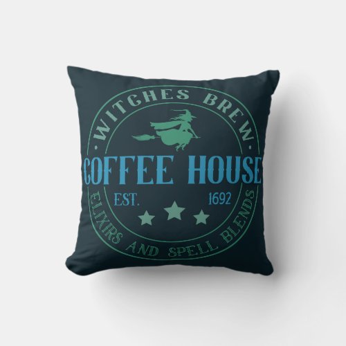 Witches Brew Coffee House Black Halloween Throw Pillow