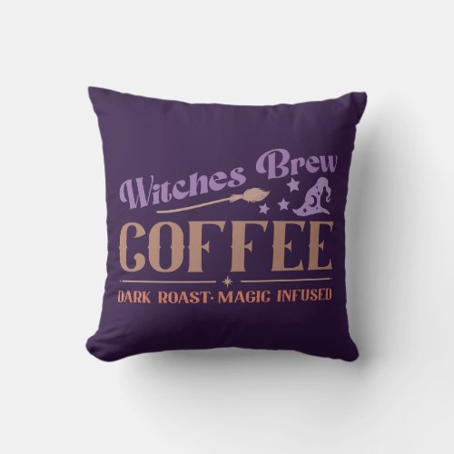 Witches Brew Coffee Witchs Hat Purple Halloween Throw Pillow