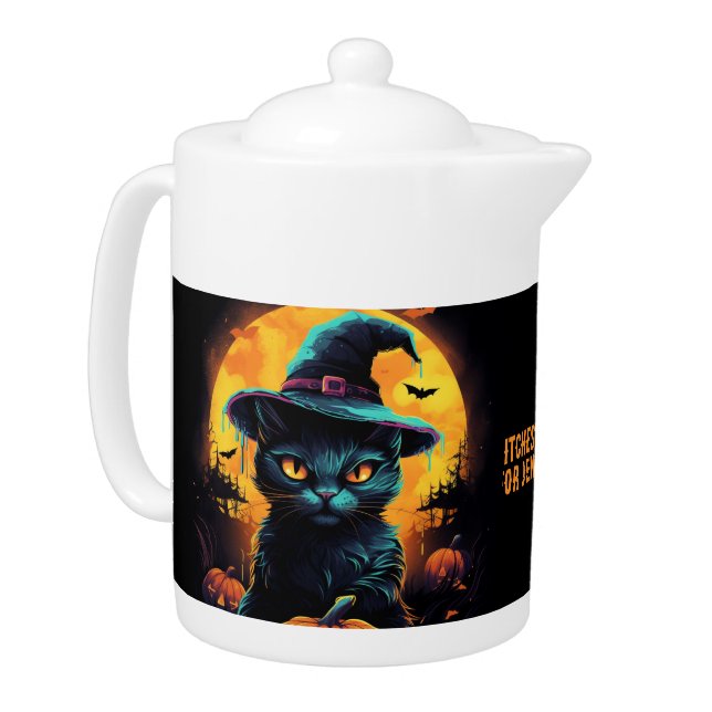 WITCHES' BREW for (name), Black Cat Halloween Teapot (Left)