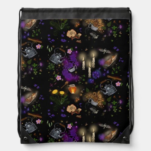 Witches Brew Tea and Cottagecore Pattern Drawstring Bag