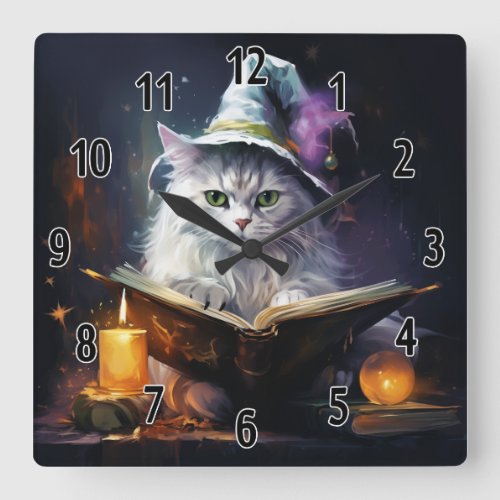 Witches Cat Studying Magic Clock