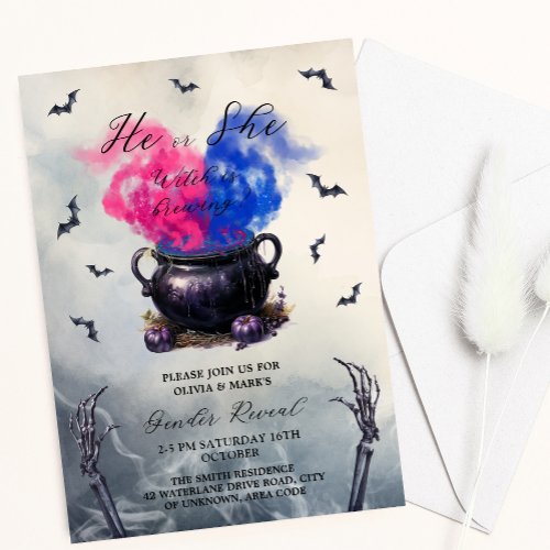 Witches cauldron Halloween Baby Gender Reveal Invitation